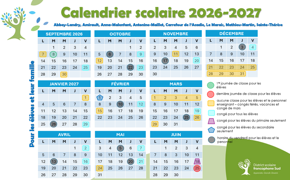 calendrier scolaire Dieppe Memramcook 2026 20271
