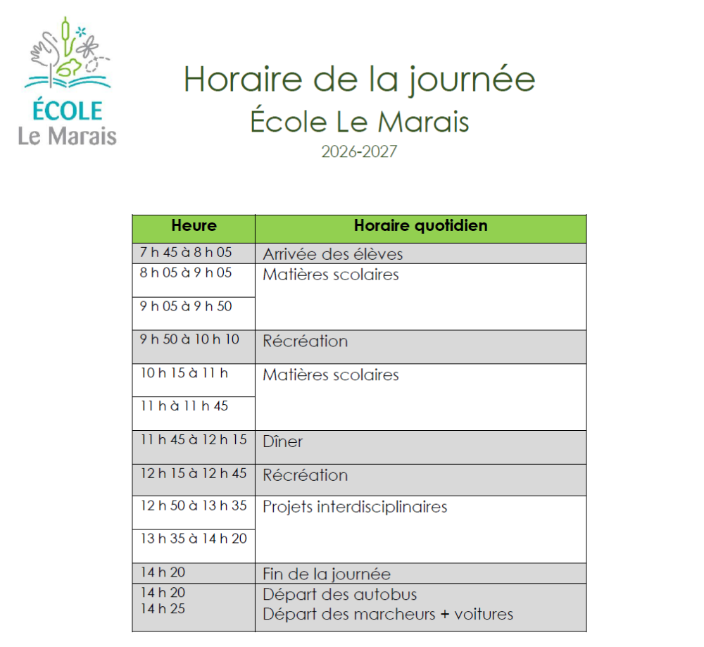 horaire de la journée 26 27